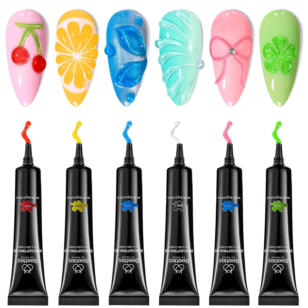 Beetles Sculpting Gel 3D Gel for Nail Art - 6 Colors No Wipe Nail Polish Rhinestone Nail Art Glue