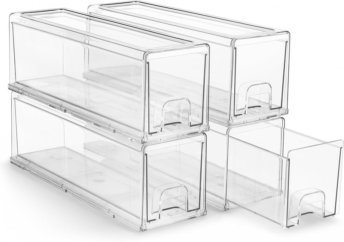 Sorbus Small Clear Stackable Storage Drawers – 4-Pack Plastic Organizer Bins with Handles