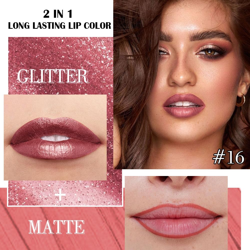 evpct Mauve Pink Metallic Glitter Lip Liner and Lipstick Combo Lip Gloss Stain Set Makeup for Women
