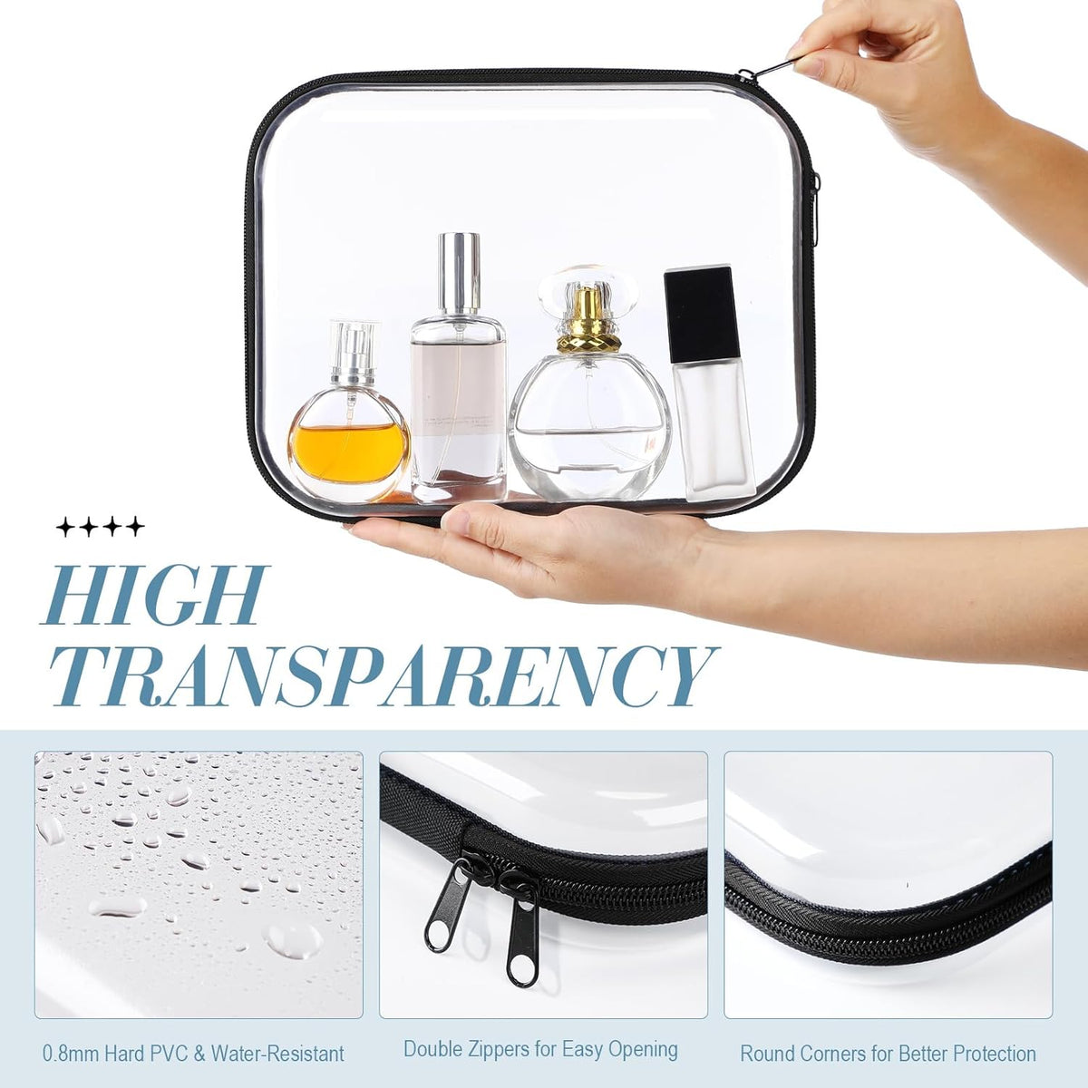 Hoolerry 3 Pcs Clear Hard Zipper Case Plastic Pouch Transparent Hard Case Clear Makeup Bag Portable