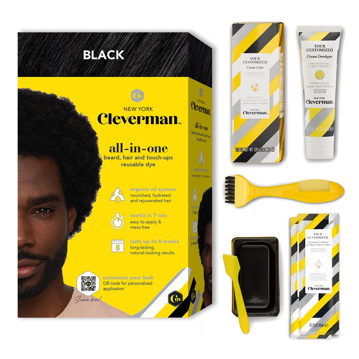Cleverman Hair & Beard Dye Kit for Men, All-in-One Reusable Mens Hair Color, Natural Gray Coverage