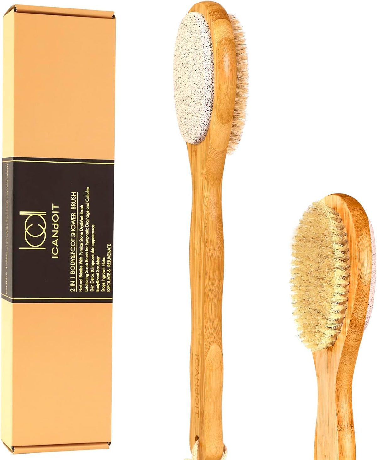 ICANdOIT 2 in 1 Long Handle Bath&Shower Brush,Bath Scrubber,Boar Bristle with Pumice Stone