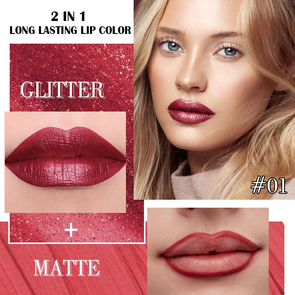 evpct Dark Red Metallic Glitter Lip Liner and Lipstick Combo Lip Gloss Stain Set Makeup for Women