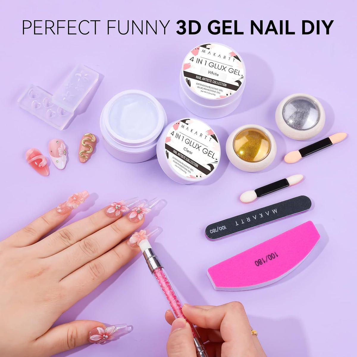 Makartt 3D Gel Nail Art for Nails Starter Kit: Clear and White for Extension Solid Gel Builder DIY