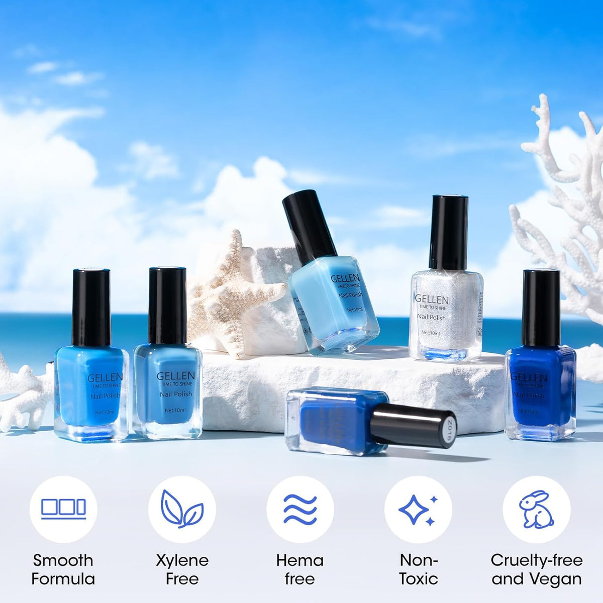 Gellen Blue Jelly Nail Polish, Sheer Nail Polish Quick Dry Summer 6 Colors Blue Glitter Set