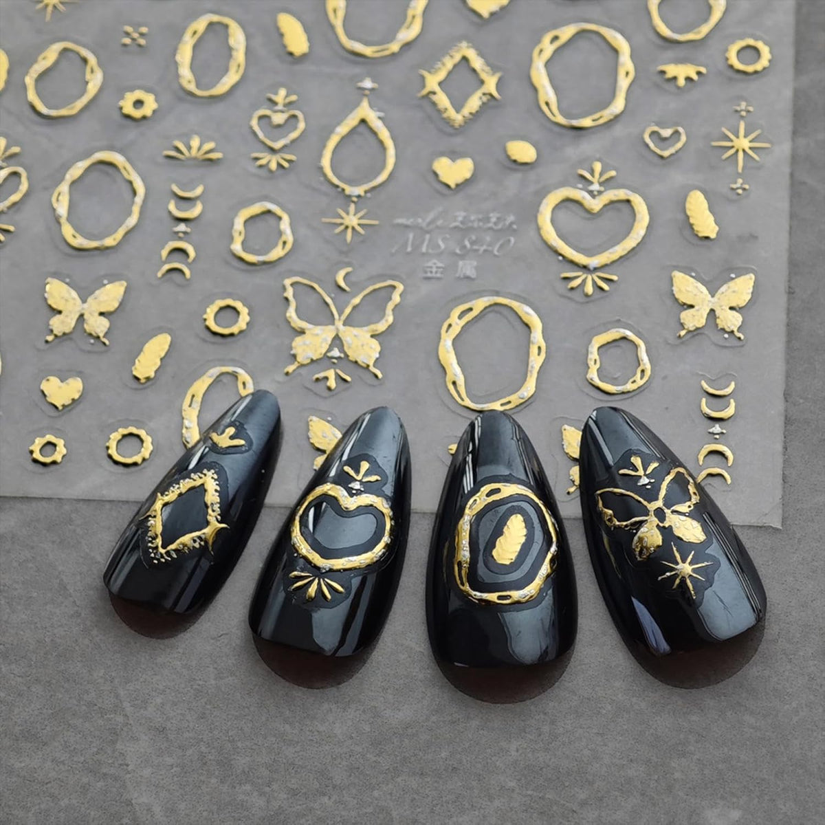 Gold Nail Art Stickers Butterfly Heart Nail Decals with Golden Design 5D Embossed Self Adhesive