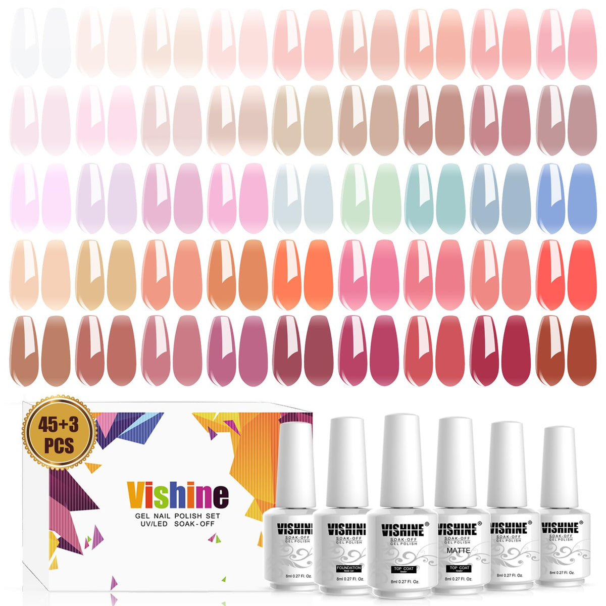 Vishine Gel Nail Polish Starter Kit with UV LED Nail Lamp, 45ColorSheer Milky Pink Jelly Nude
