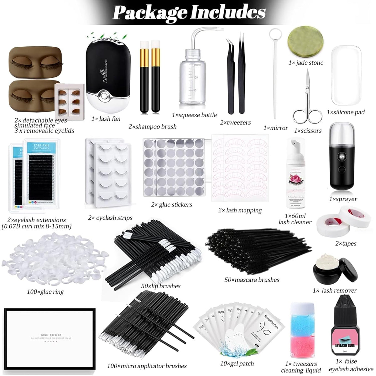 Lash Extension Kit for Beginners Lash Mannequin Head with Replaced Eyelids False Eyelashes Practice