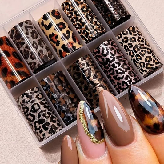 10 Rolls Leopard Print Nail Art Foils Transfer Stickers Animal Print Adhesive Decals Snake Cheetah