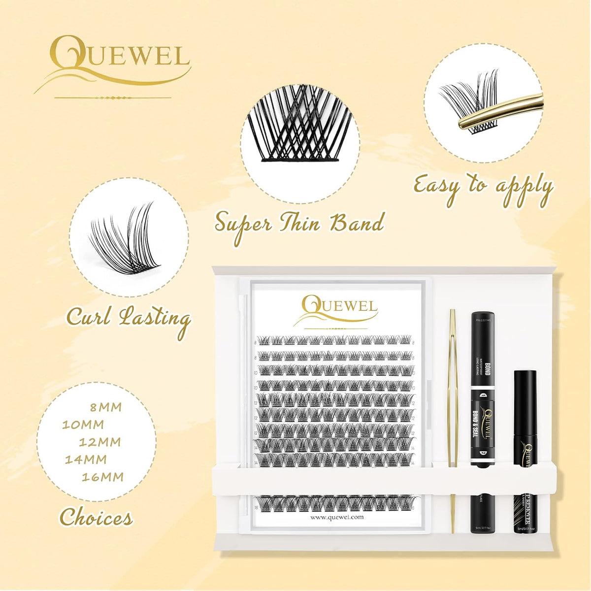 QUEWEL DIY Lash Extensions Kit Lash Clusters 144 Pcs, Cluster Lashes Golden Lashes Tweezers