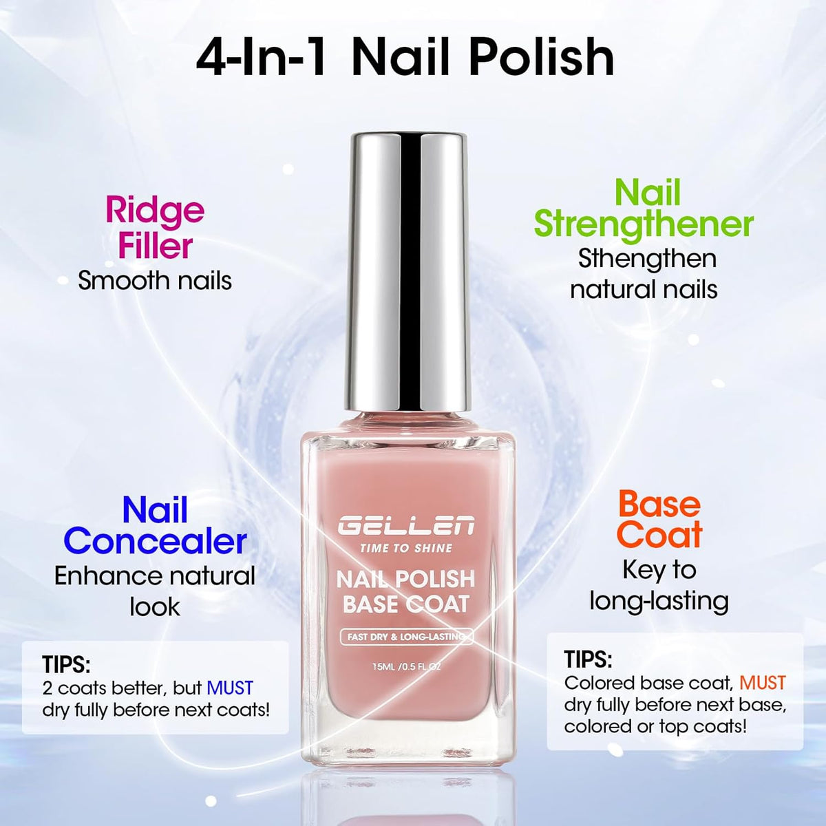 GELLEN 4‑in‑1 Clear Nail Polish Base Coat Sheer Tinted Natural Pink, Ridge Filler, Nail