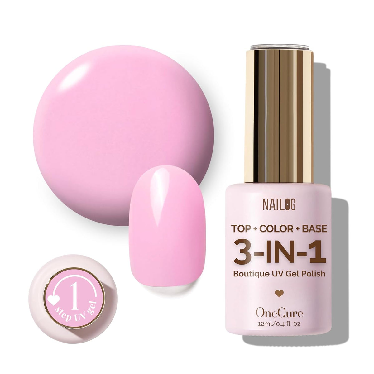 NAILOG One Step Baby Pink Gel Nail Polish 12ml Top Coat Color Gel Base 3-In-1 Formula Soak Off UV