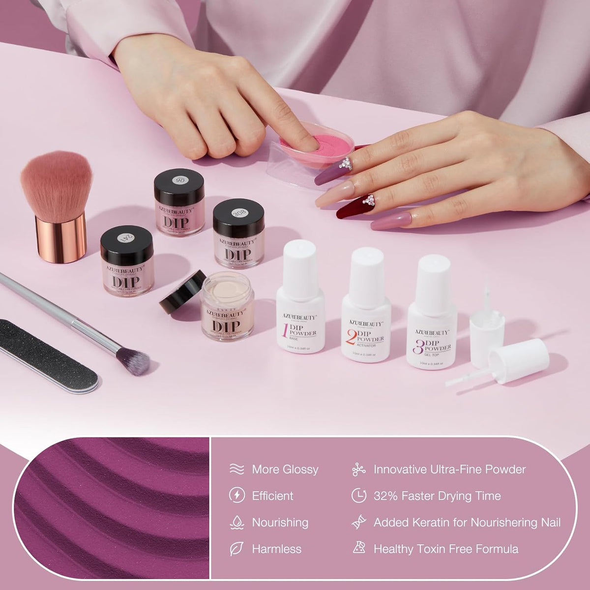 31Pcs Dip Nails Powder Starter Kit, AZUREBEAUTY 20 Colors Purple Blue Glitter Dipping Powder