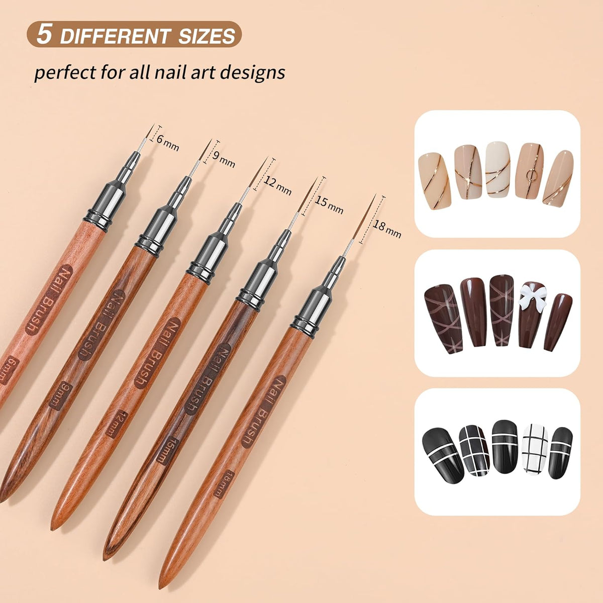 Wooden Nail Art Brushes, 5Pcs Nail Art Liner Brushes, Painting Art Design Brush Set Nail Dotting
