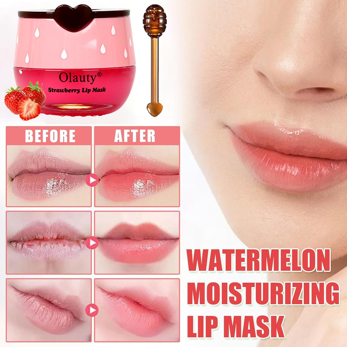 3 PCS Bee Lip Balm Lip Mask Honey Pot,Strawberry&Honey&Watermelon Lip Sleeping Mask,Hydrating