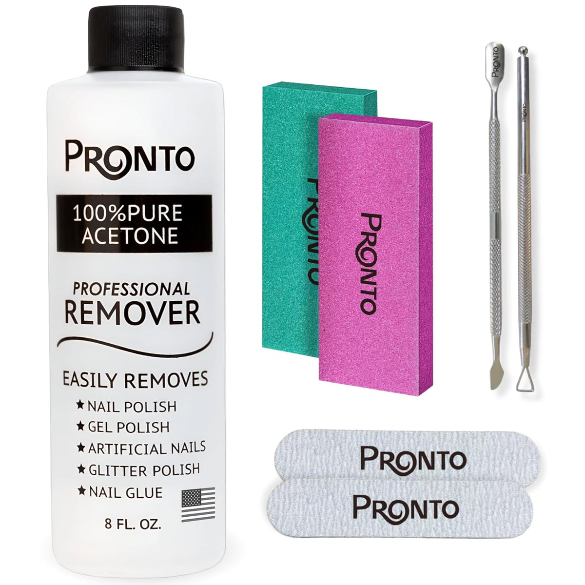 Pronto Acetone Nail Polish Remover 8 Fl Oz with Manicure Kit - Includes Nail File, Buffer, Pusher