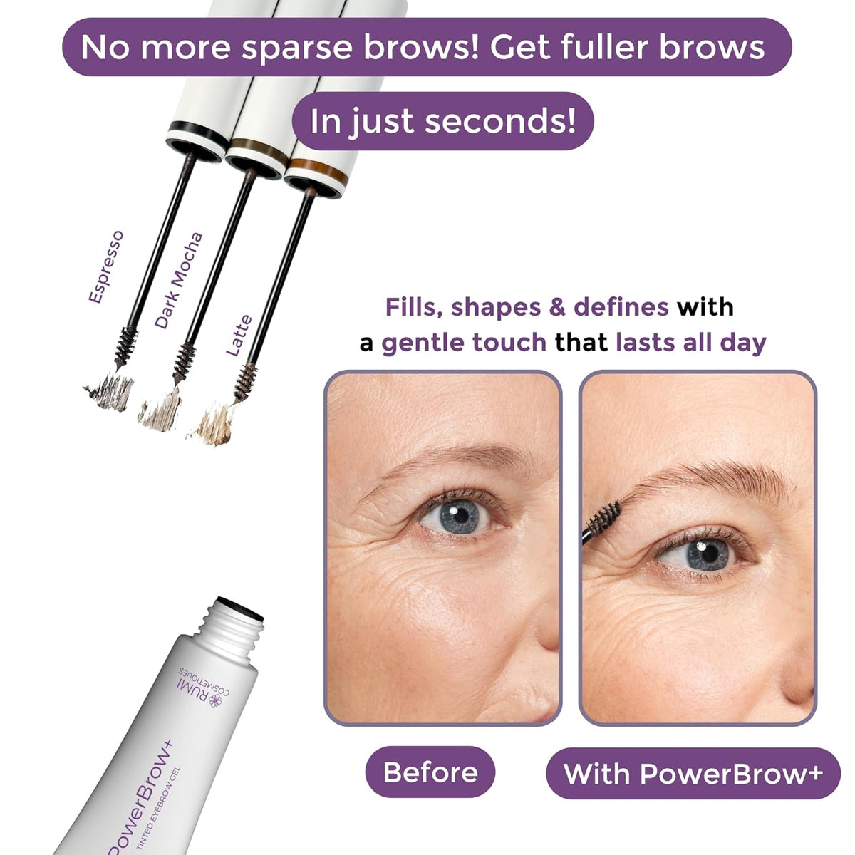 PowerBrow+ Tinted Eyebrow Gel For Older Women - Defines, Fills, Thickens Brows - 2-in-1 Formula