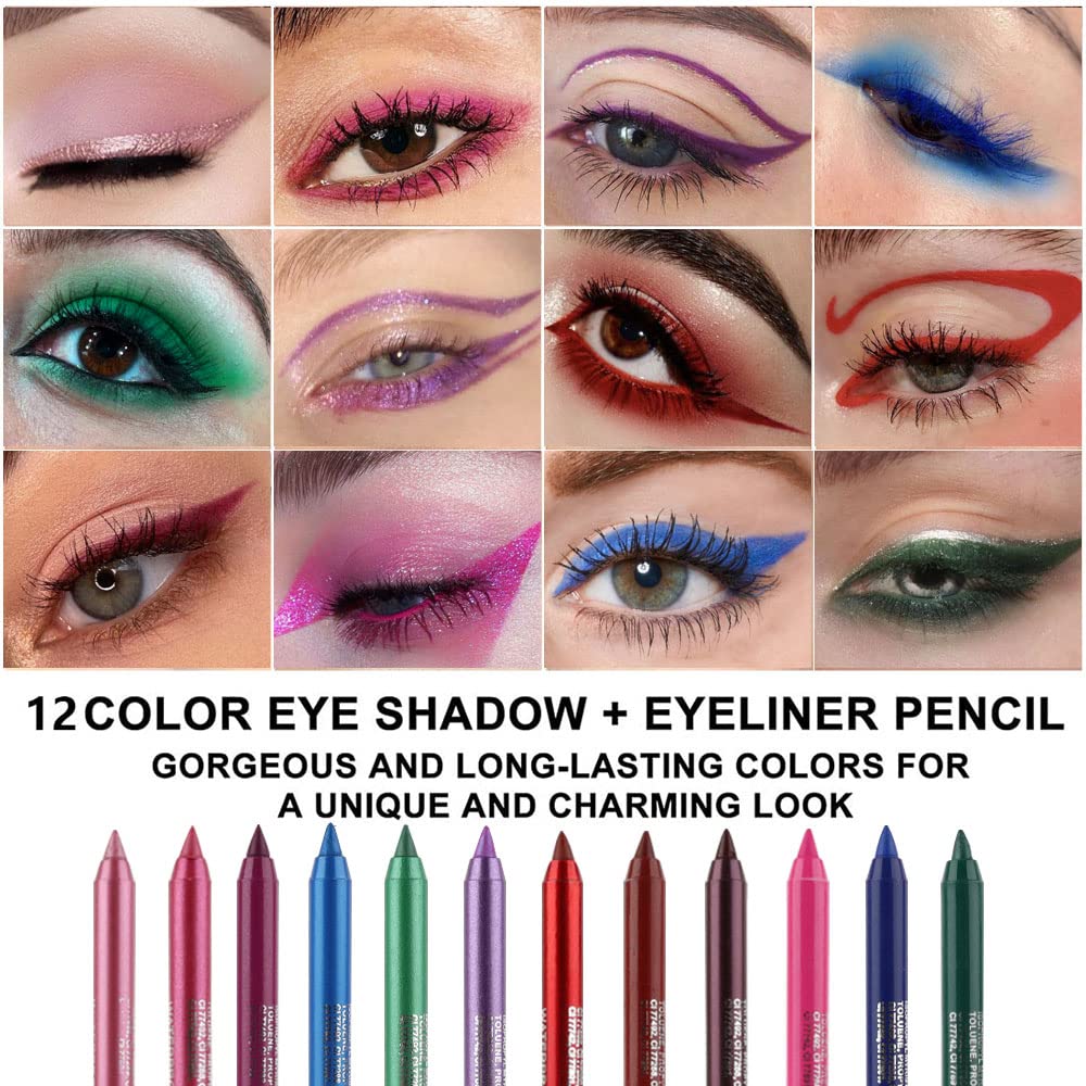 Kaely 12Pcs Glitter Gel Eyeliner Pencil Set for Women, Color Colorful Eye Liner Waterproof Smudge