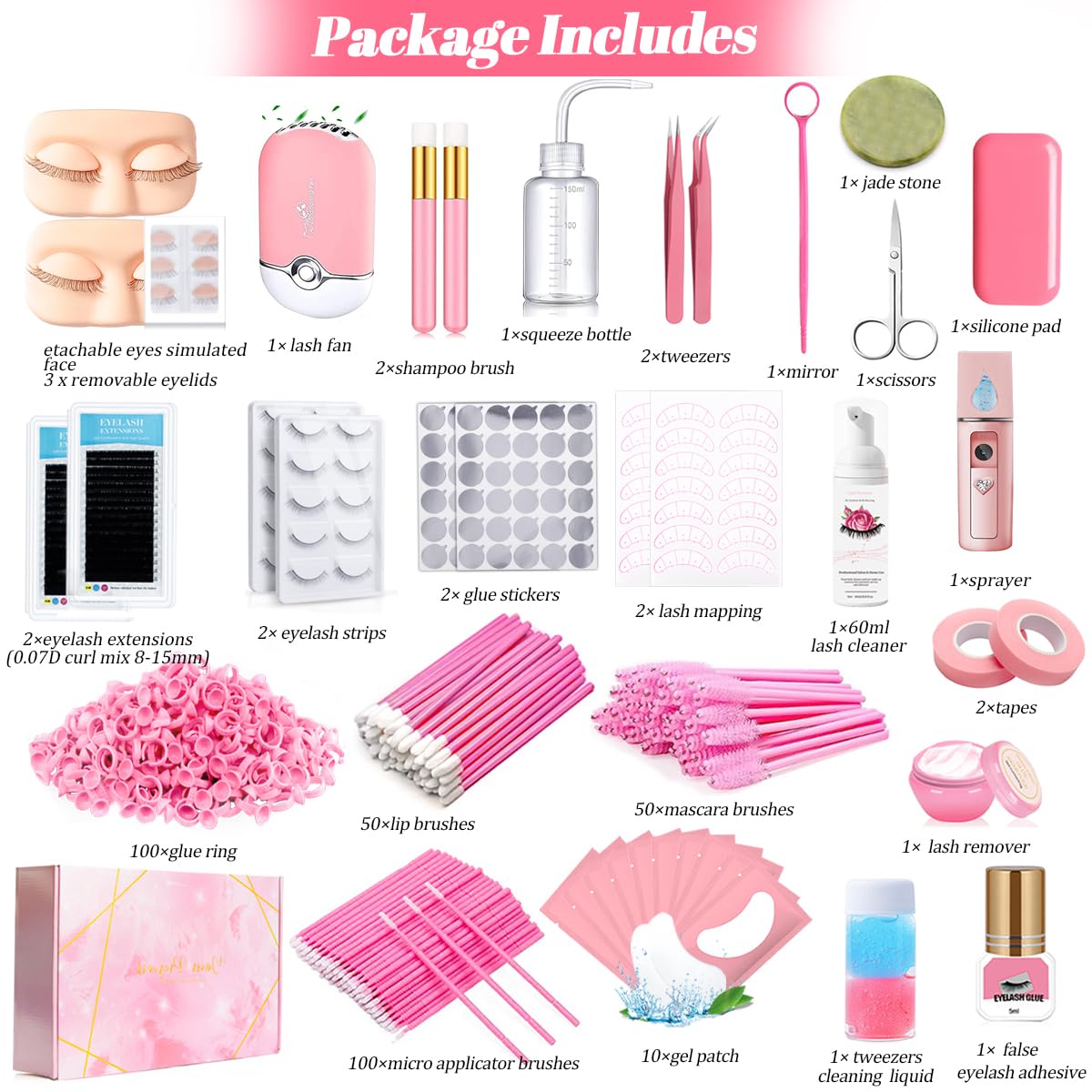 Lash Extension Kit for Beginners Lash Mannequin Head with Replaced Eyelids False Eyelashes Practice
