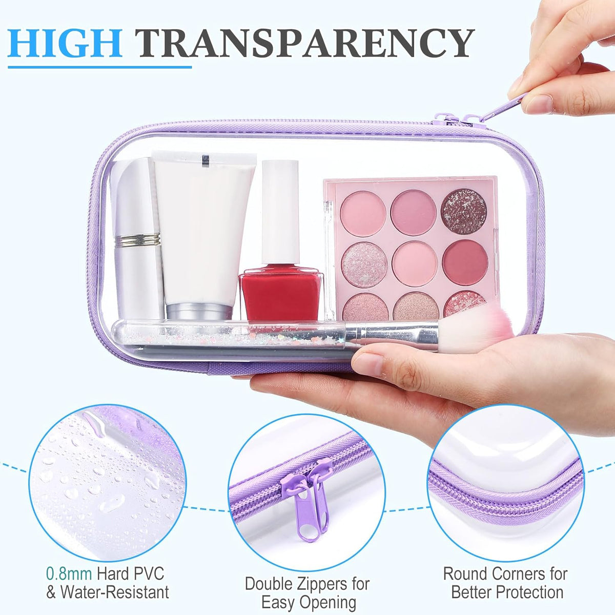 Hoolerry 4 Pcs Hard Clear Zipper Case Makeup Bags Plastic Pencil Pouch Transparent Storage Box