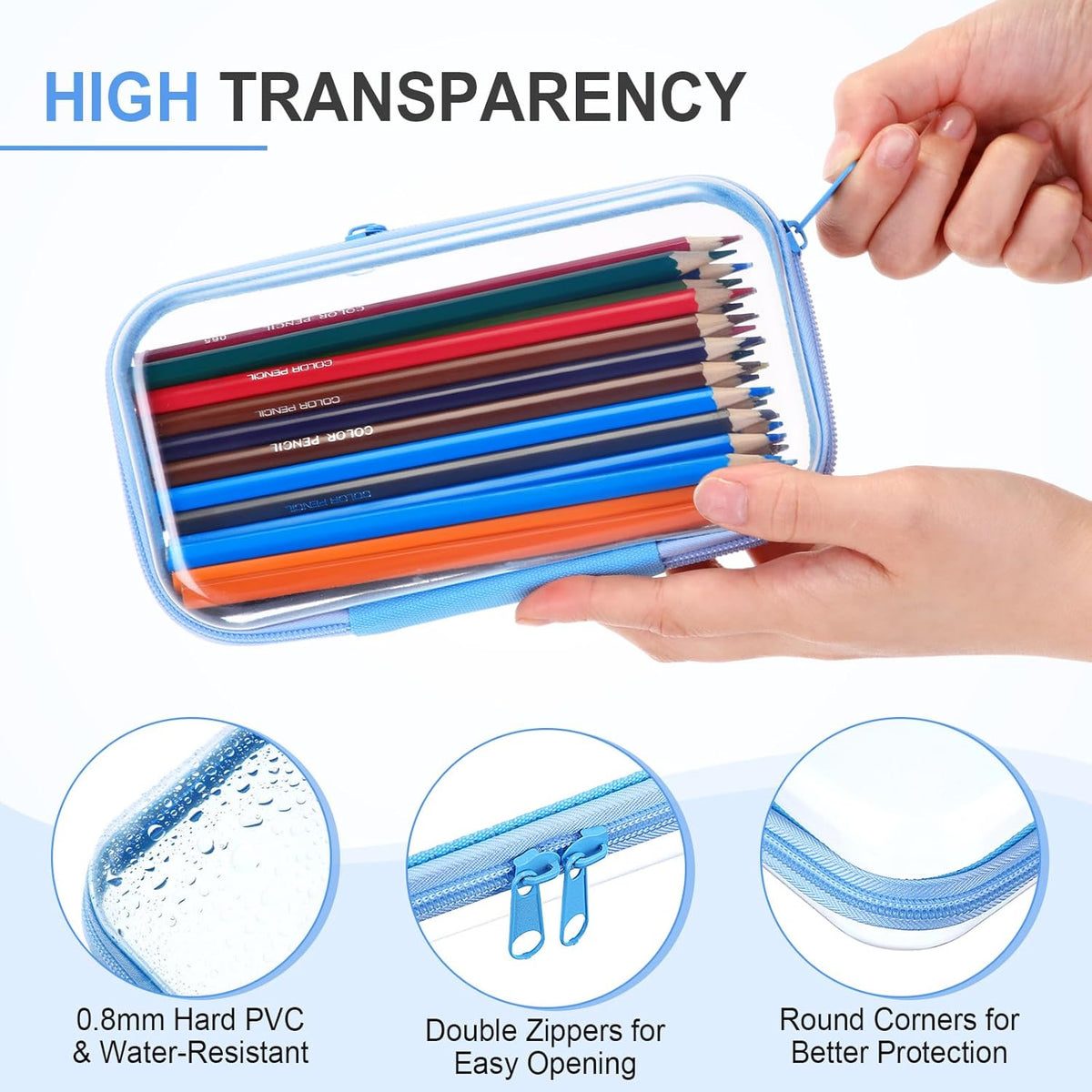 Hoolerry 3 Pcs Clear Hard Zipper Case Plastic Pouch Transparent Hard Case Clear Makeup Bag Portable