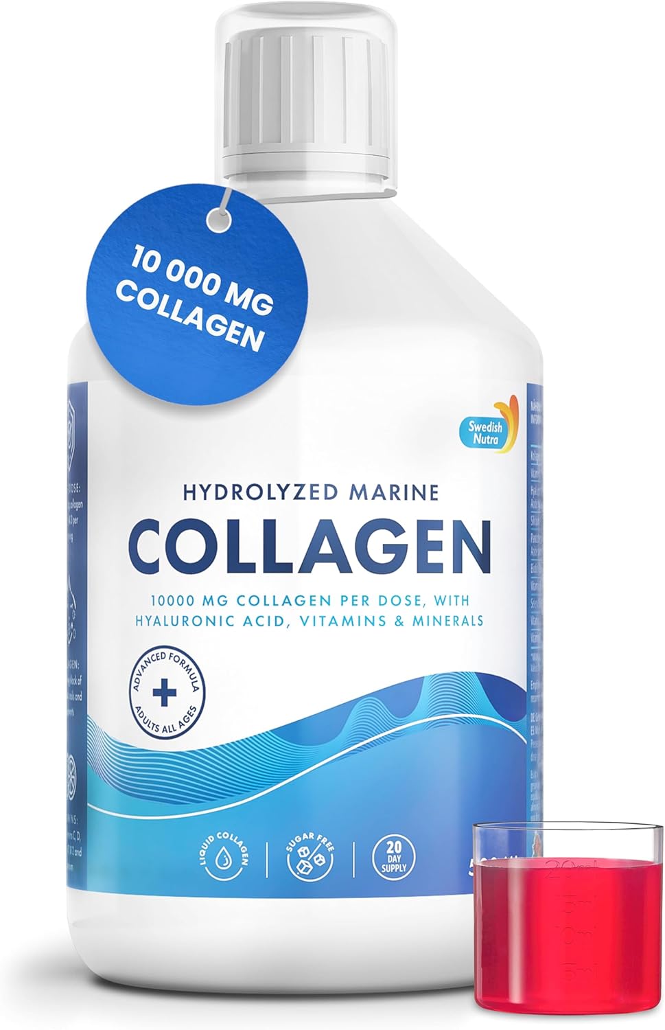 Swedish Nutra - 10,000 mg Hydrolyzed Marine Collagen Liquid Supplement - 500 ml, 20 Day Supply |