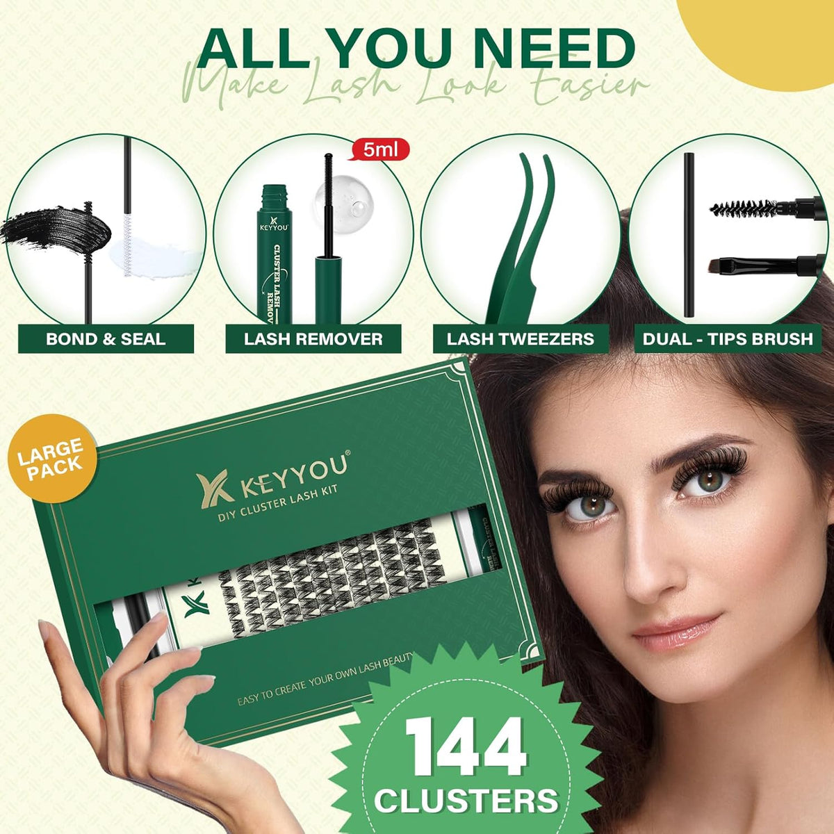 DIY Lash Extension Kit KEYYOU 144pcs Lash Clusters Eyelash Extension Kit with Mascara Brush Bond