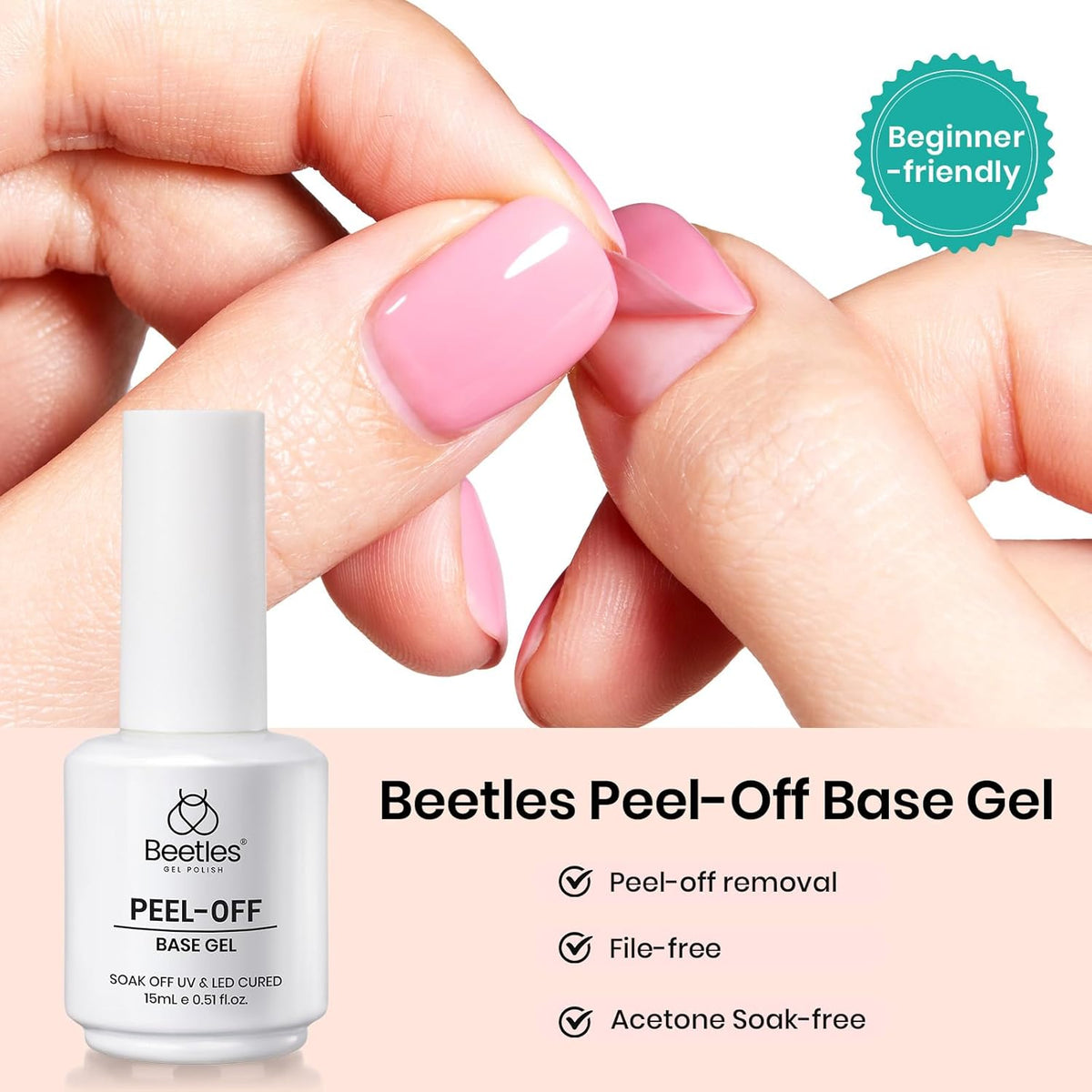Beetles Peel‑Off Gel Base Coat 15 ml – Easy Removal Base Gel Nail Polish UV/LED Soak‑Off
