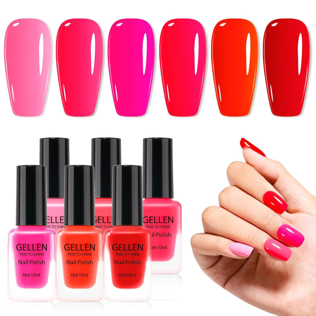 GELLEN Red Pink Nail Polish, Quick Air Dry Natural Traditional Regular Nail Polish Bright Red Hot