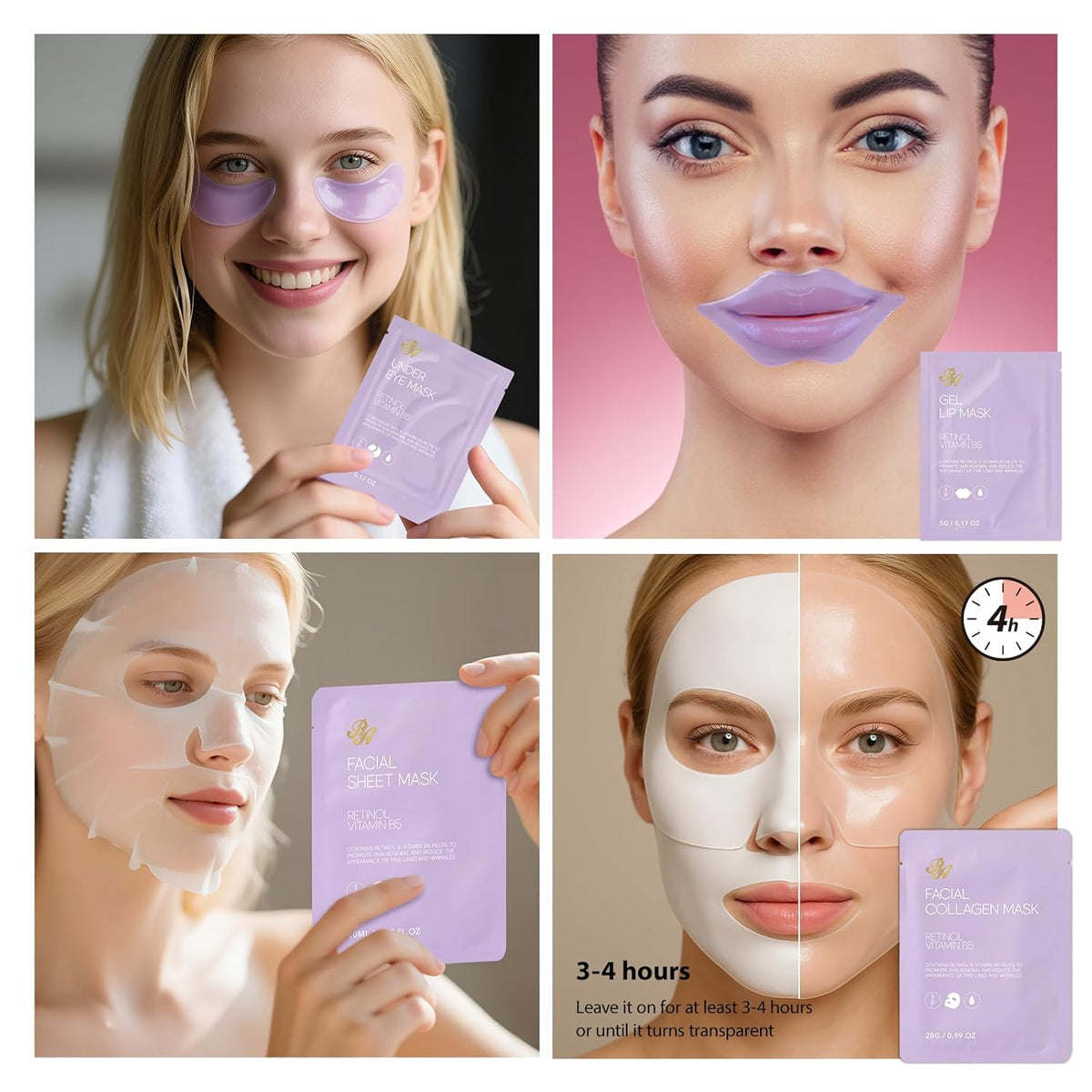 Lavender Face Sheet Mask Pack, 55Pcs Skin Care Kit for Women, Overnight Collagen Mask, Gel Lip