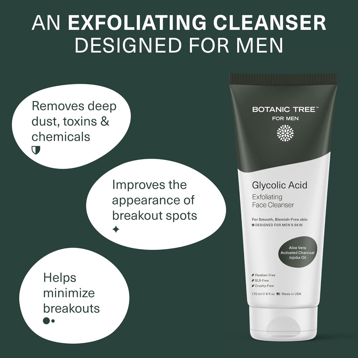 Botanic Tree Glycolic Acid Exfoliating Face Wash for Men - Facial Exfoliating Cleanser, Face Scrub