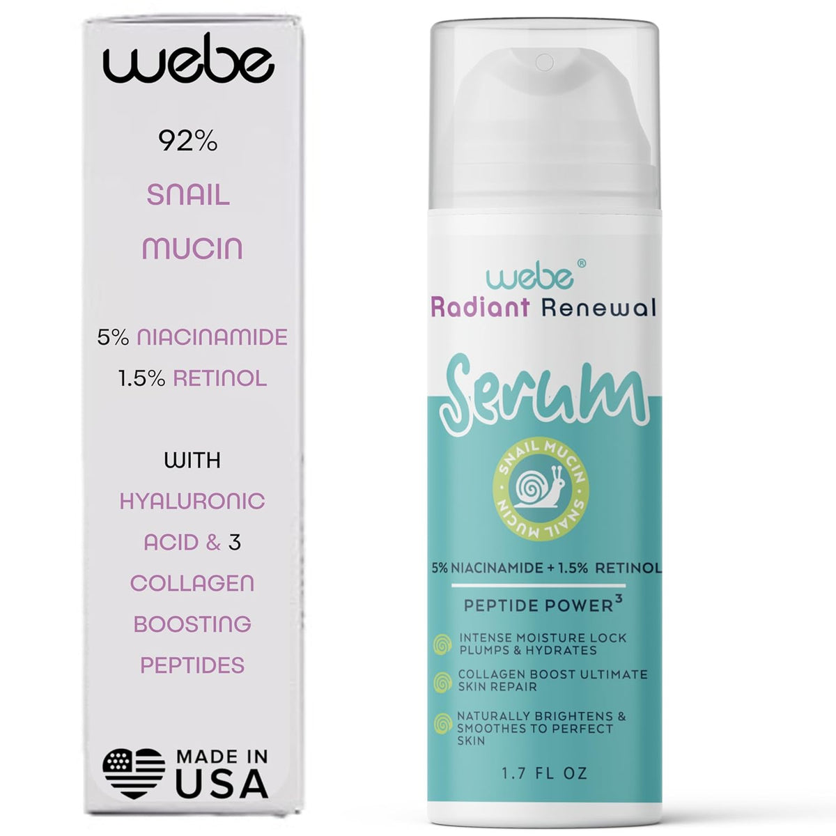 WEBE Naturals Snail Mucin Retinol 1.5% Radiant Renewal Serum | Niacinamide 5%, Vitamin C, Peptide