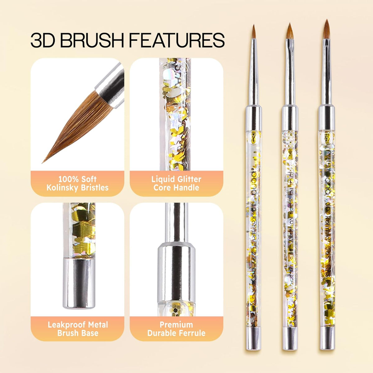 PANA Kolinsky 3D Acrylic Nail Brushes with Liquid Glitter Handle - For Professional Acrylic Powder