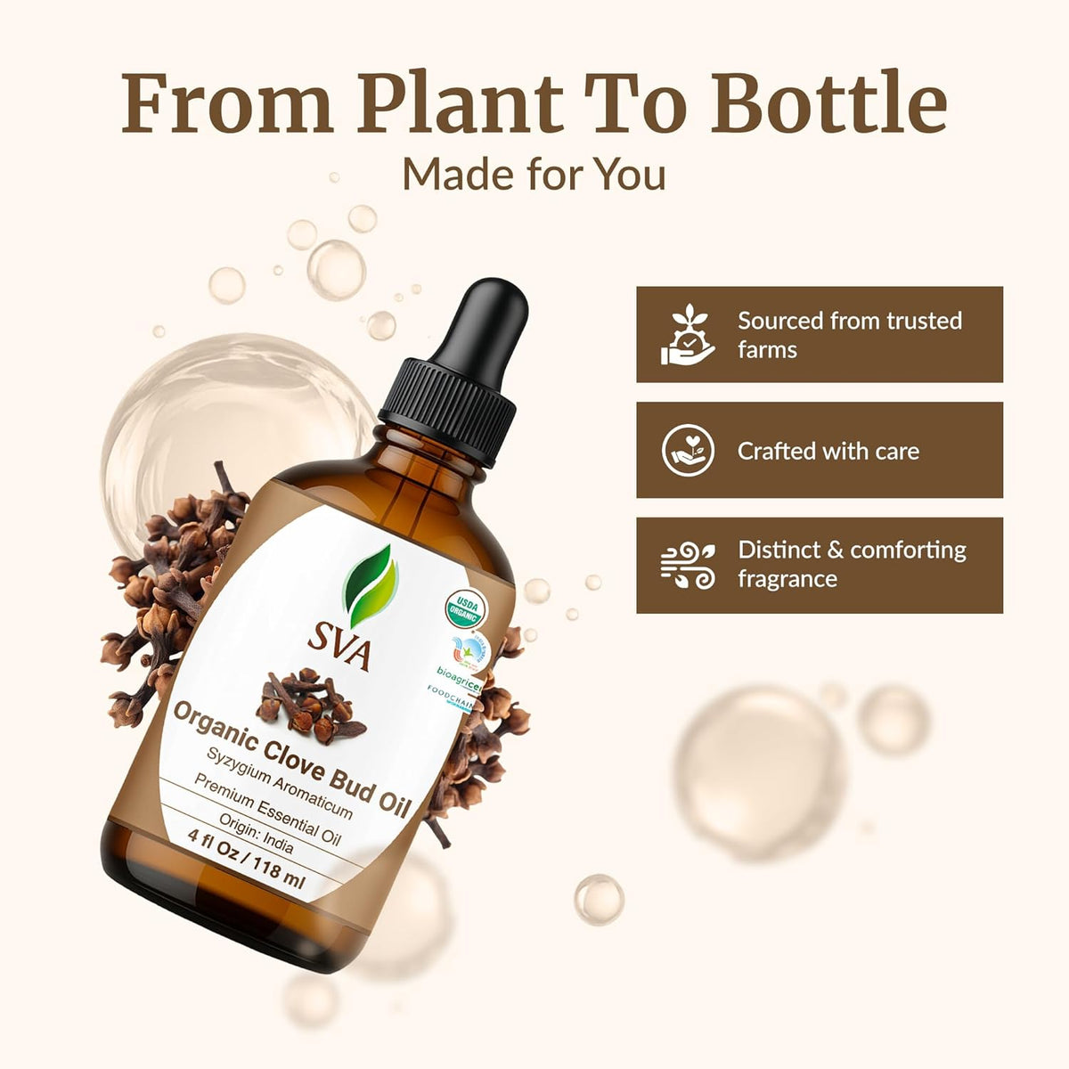 SVA Clove Essential Oil Organic – 4 Fl Oz – 100% Natural Organic Clove Oil - for Diffuser, Hair