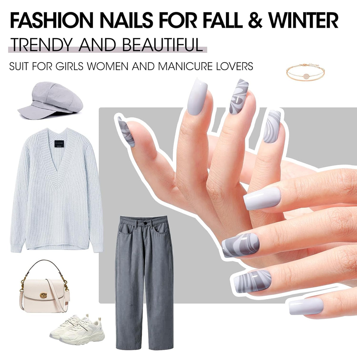 Gellen 4 Colors Black White Gray Nail Polish Set & Base Top Coat, Fall Winter Trendy Winter Black
