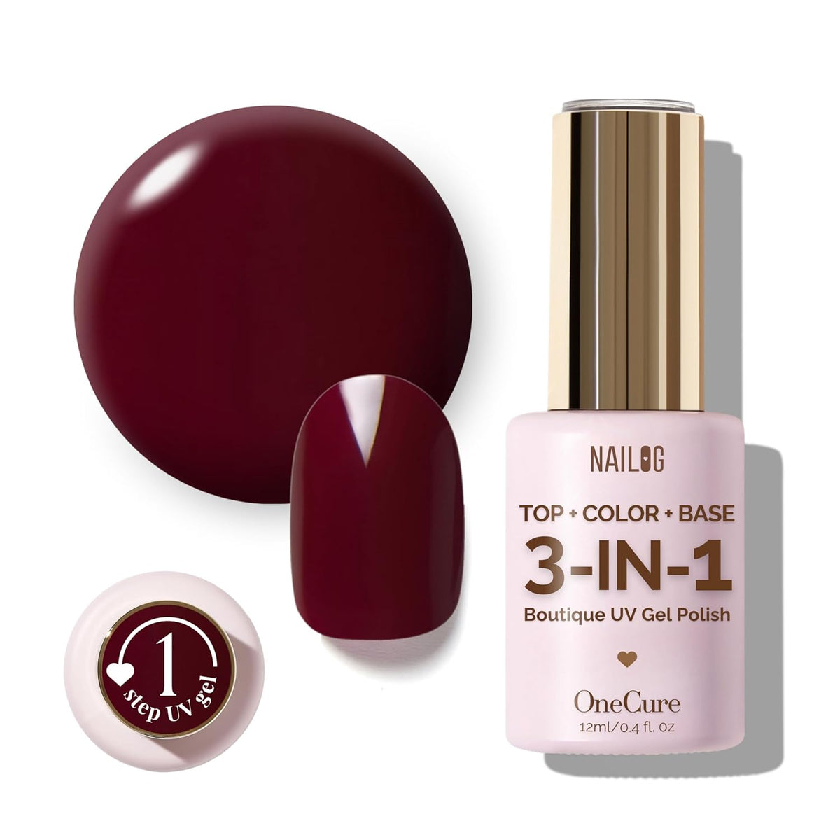 NAILOG One Step Dark Red Gel Nail Polish 12ml Top Coat Color Gel Base 3-In-1 Formula Soak Off UV