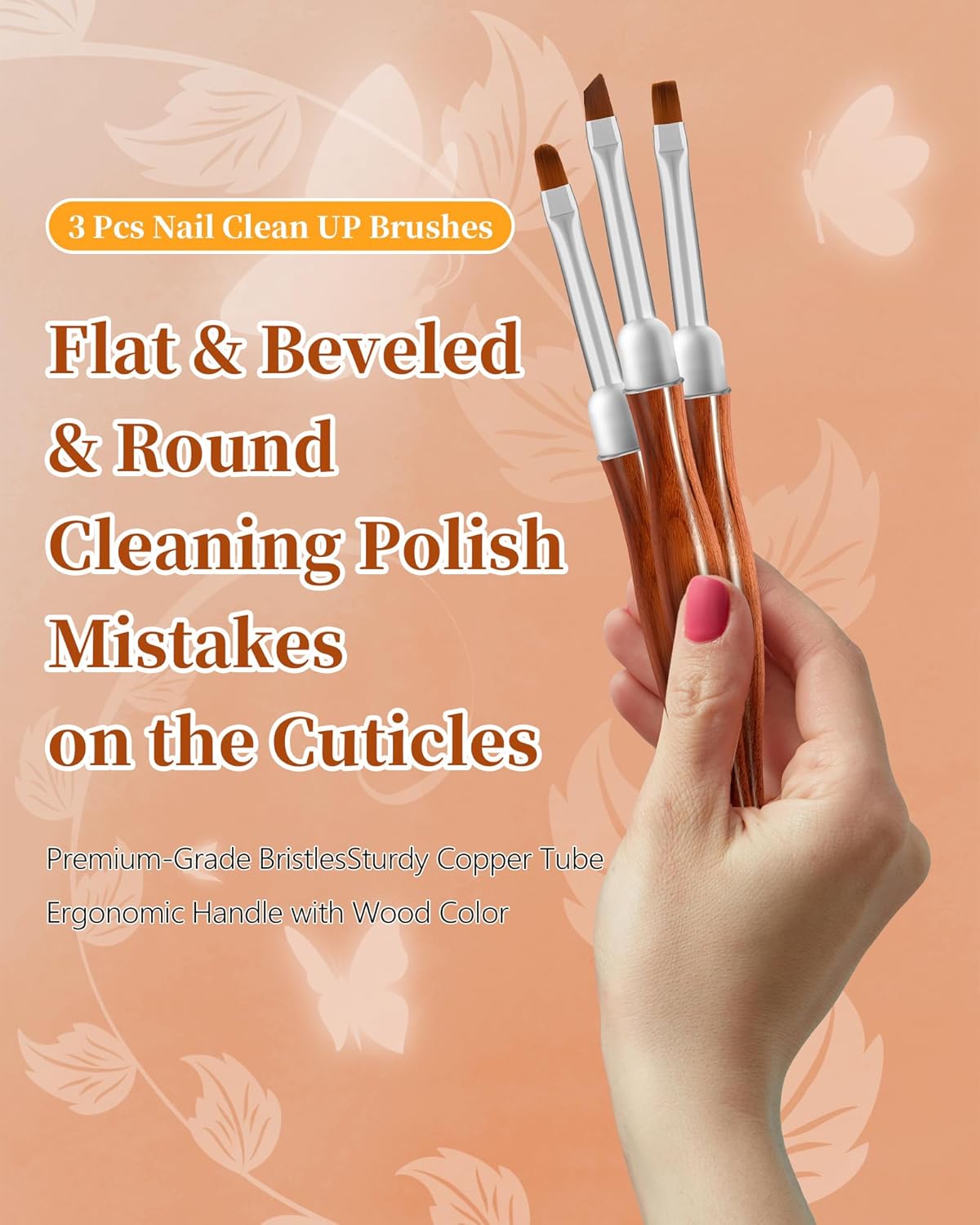 3PCS Nail Art Clean Up Brushes, Round/Angled/flat Acetone Resistant Gel Nail Polish Remover Brush