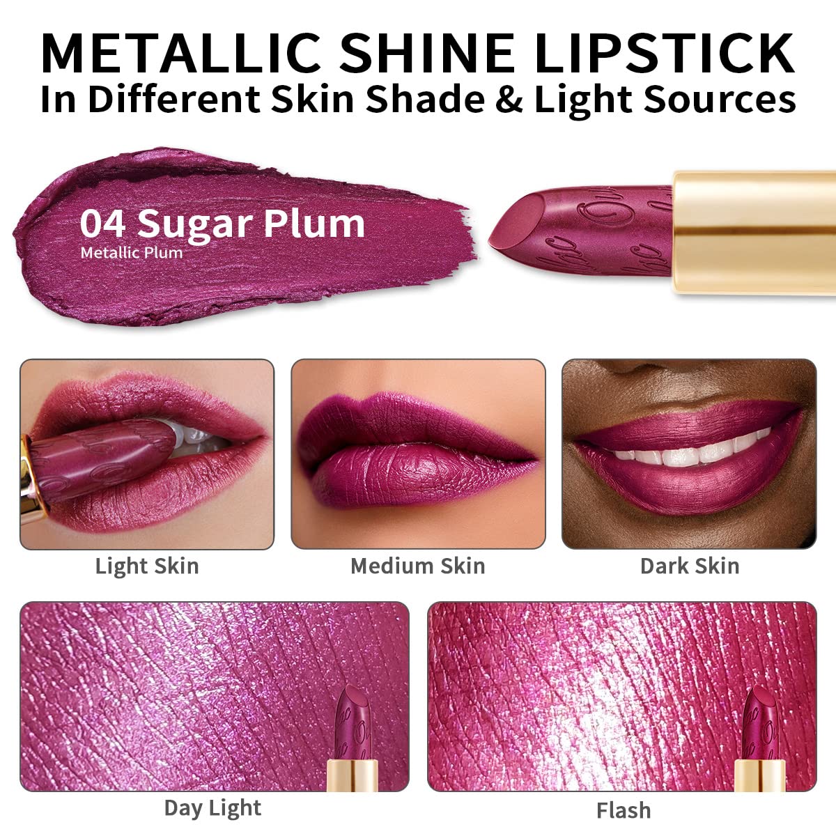 Oulac Purple Lipstick for Women with Metallic 3D Shine Lightweight Hydrating Formula, High Impact
