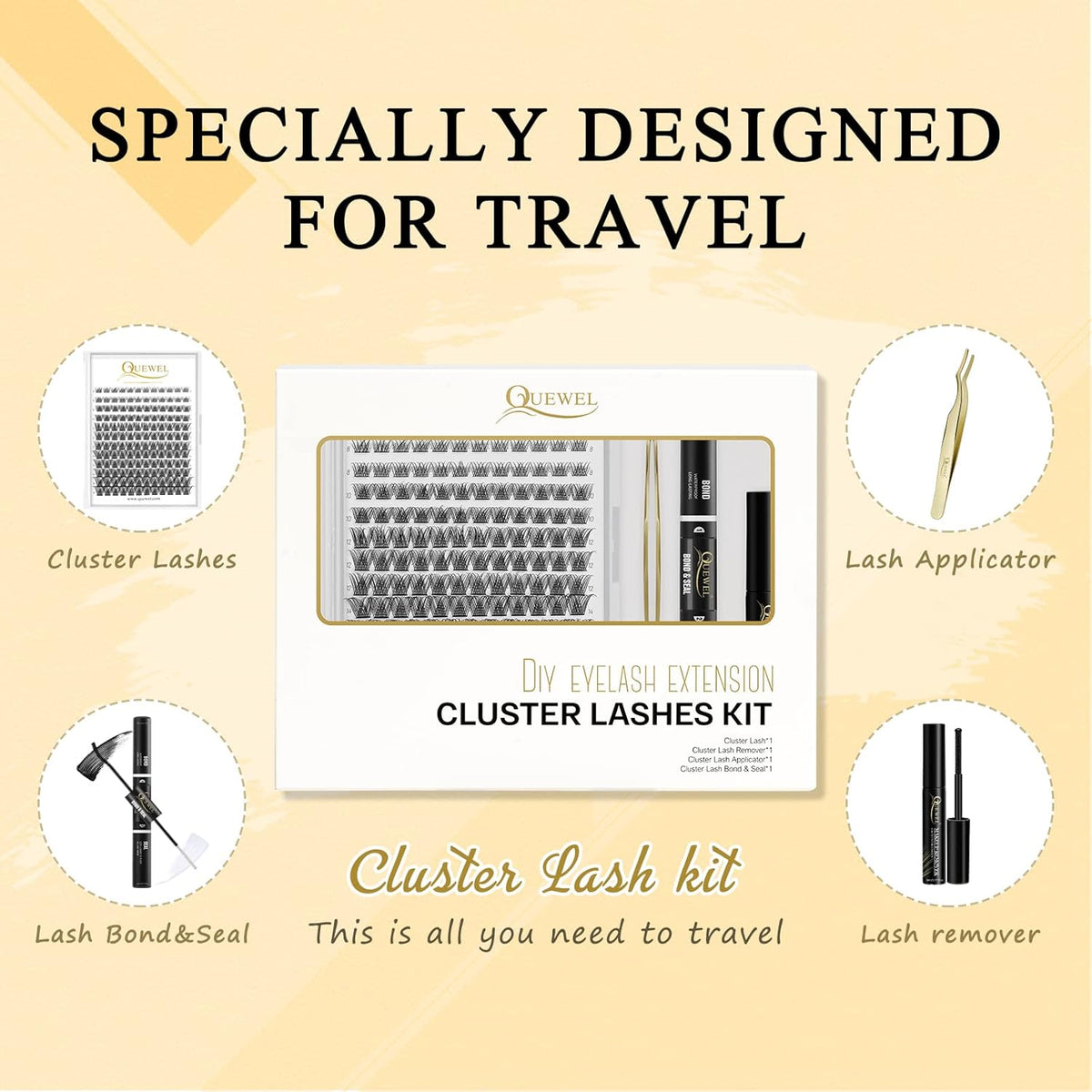 QUEWEL DIY Lash Extensions Kit Lash Clusters 144 Pcs, Cluster Lashes Golden Lashes Tweezers