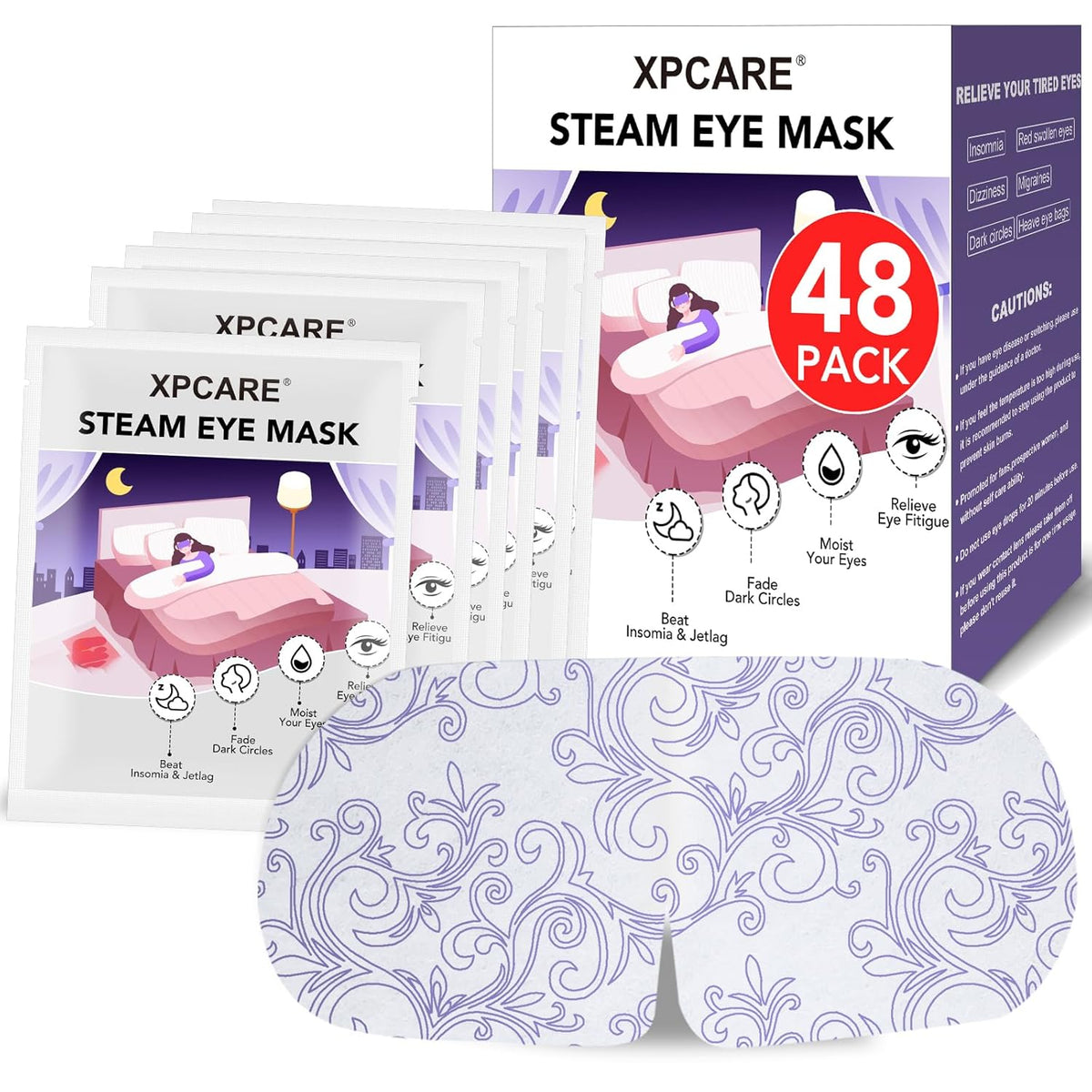 XPCARE 48 Pack Steam Eye Masks for Dry Eyes, Self Heated Steam Warm Eye Mask, Disposable Heated Eye