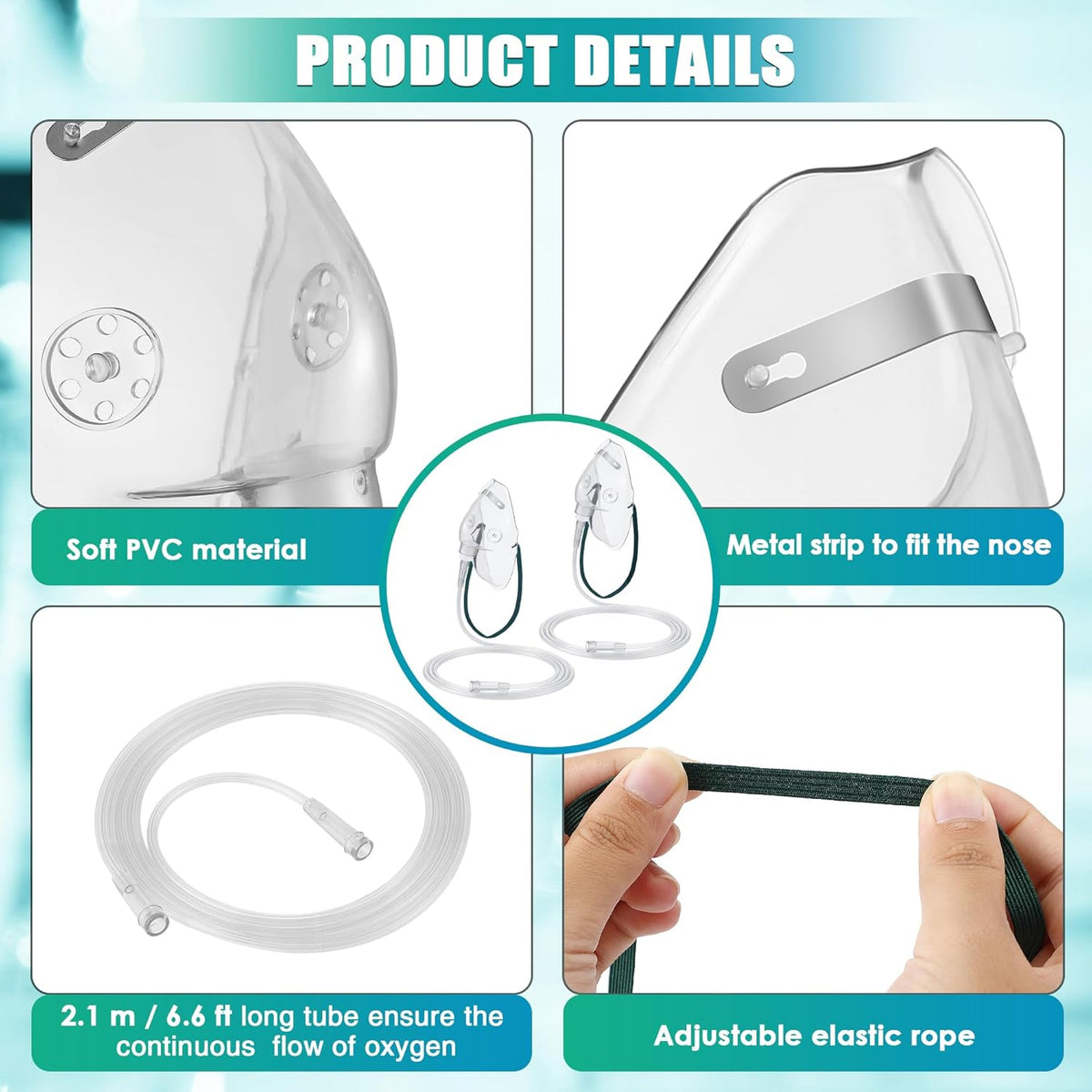 Geiserailie 2 PCS XL Oxygen Mask with 6.6 Ft Tubing and Adjustable Elastic Strap, Adult Oxygen Mask