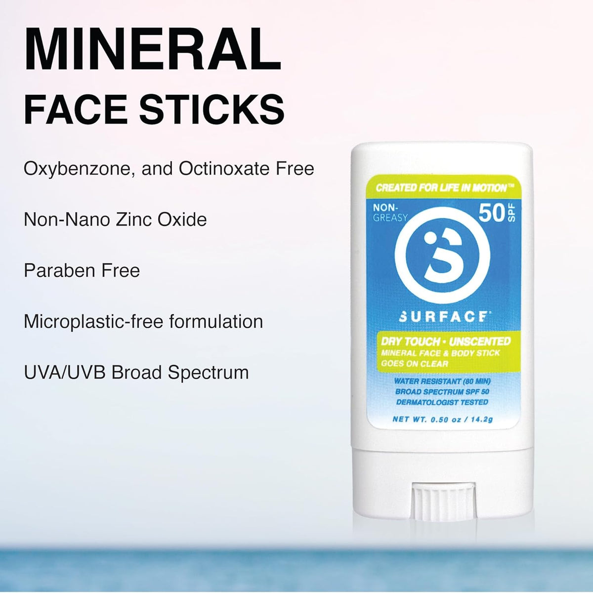 Surface Mineral Face Sunscreen Stick, Dry Touch SPF 50, Broad Spectrum UVA UVB Sun Protection for