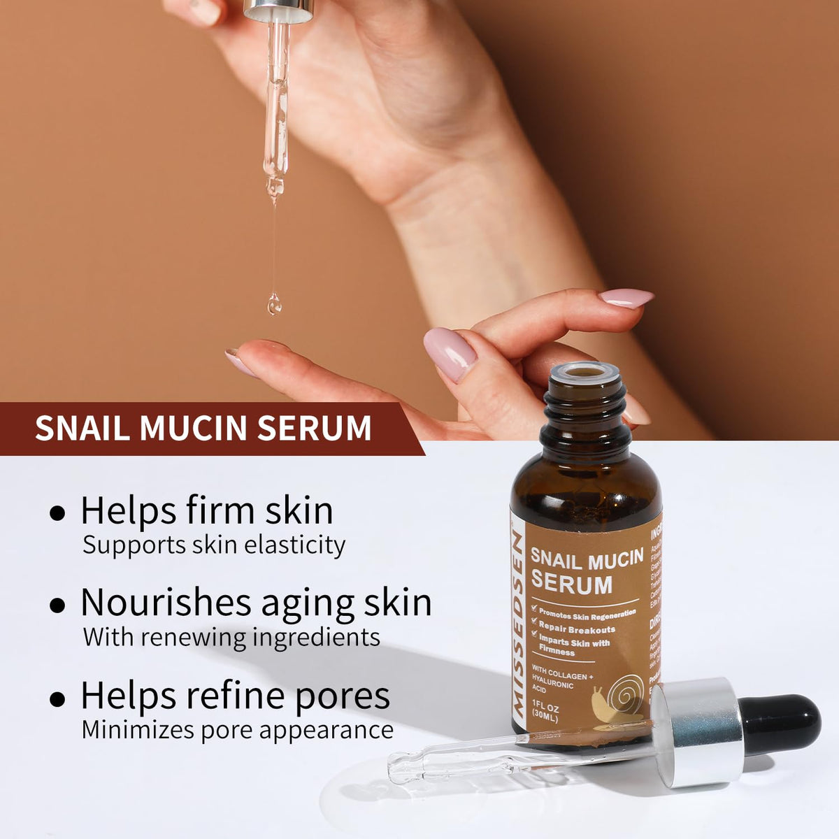 Snail Mucin Serum for Face with Collagen & Hyaluronic Acid,Smoothes Wrinkles,Improves