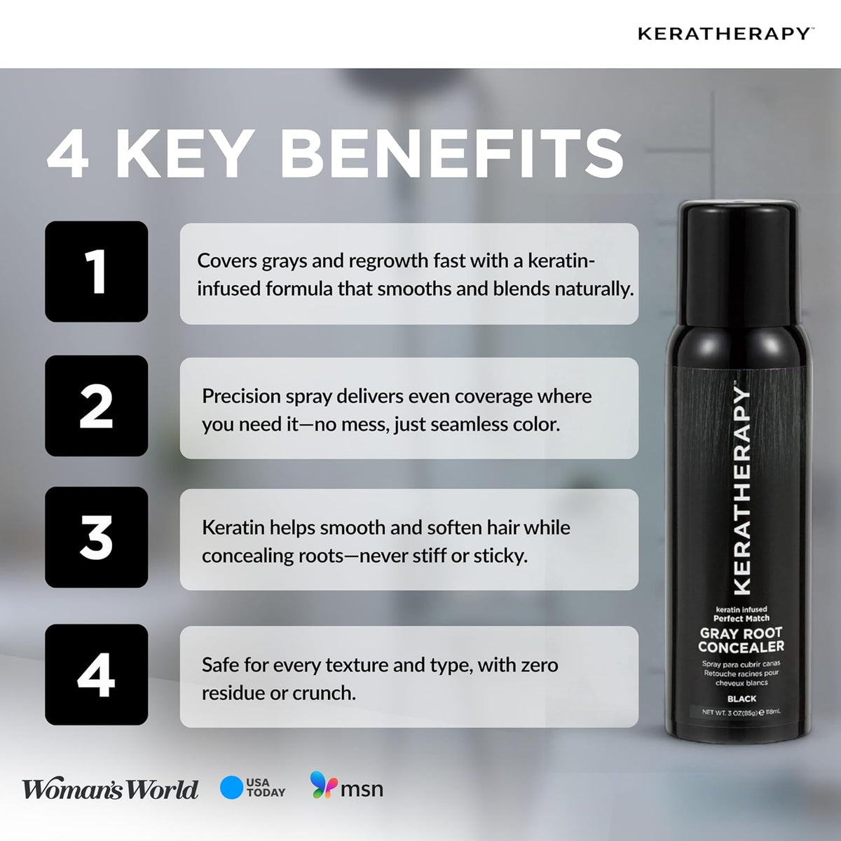 Keratherapy Keratin Infused Perfect Match Gray Root Concealer Spray, Black, 3 oz, 118 ml - Root