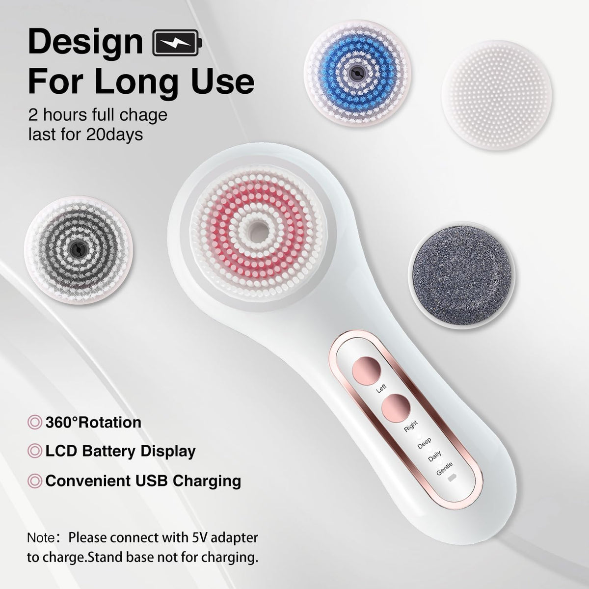Face Scrubber Exfoliator,Facial Cleansing Brushes Rechargeable IPX7 Waterproof with 5 Brush