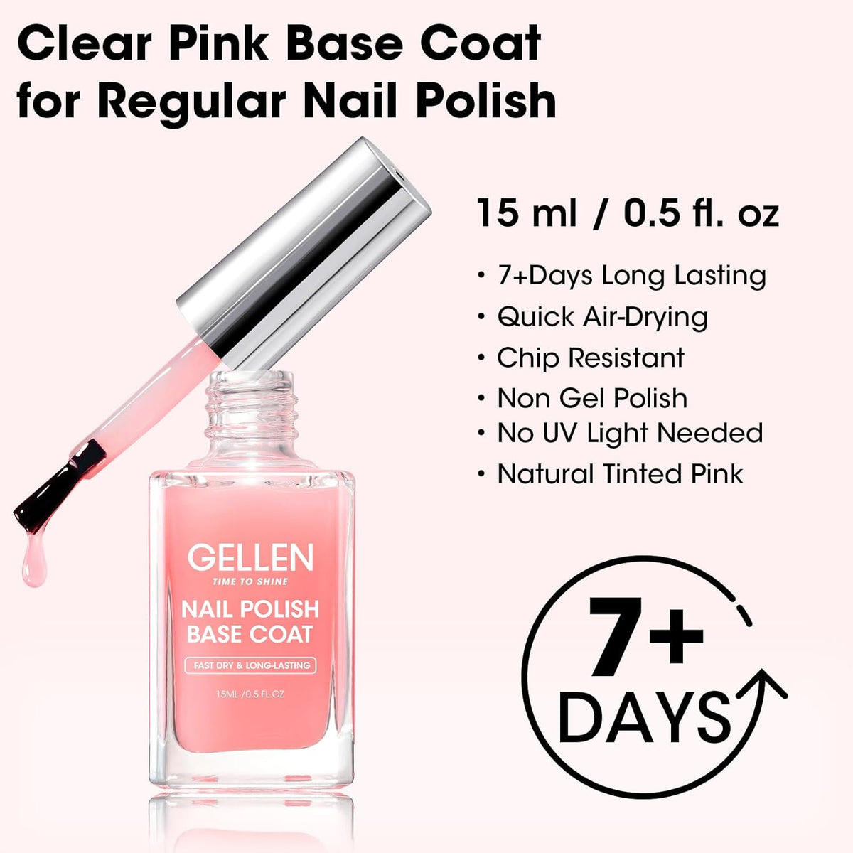 GELLEN Clear Nail Polish Base Coat Sheer Tinted Pink, Natural Color Regular Nail Polish, Calcium