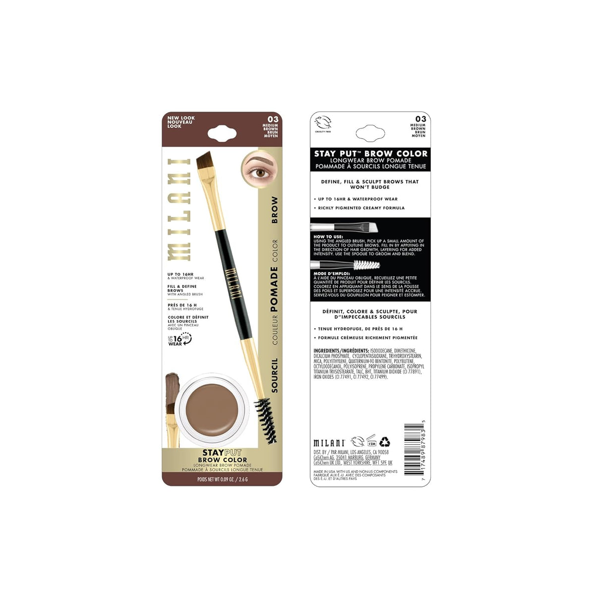 Milani Stay Put Brow Color - Medium Brown (0.09 Ounce) Vegan, Cruelty-Free Eyebrow Color that Fills