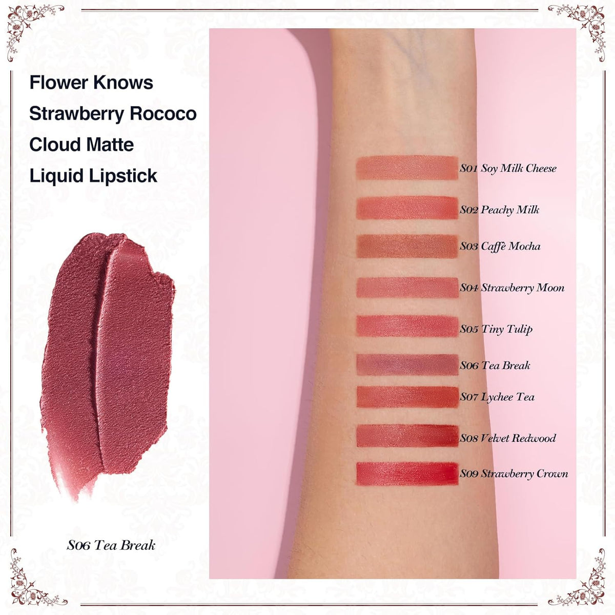 Flower Knows Strawberry Rococo Cloud Lip Cream,Velvety Matte Liquid Lipstick,Pink Lipstick,Long
