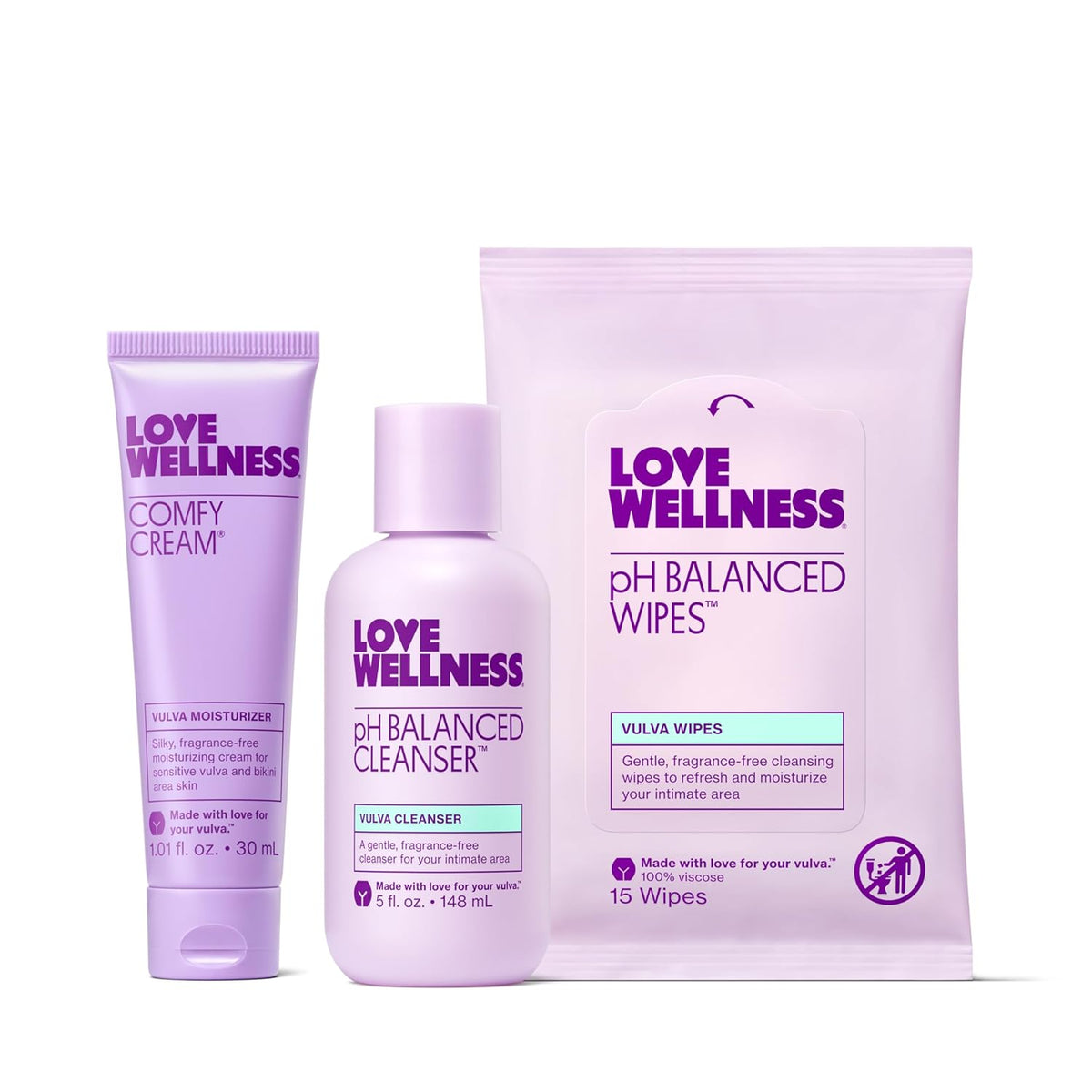 Love Wellness Skincare for Down There Bundle | Gentle pH Balancing Cleanser, Moisturizing Comfy