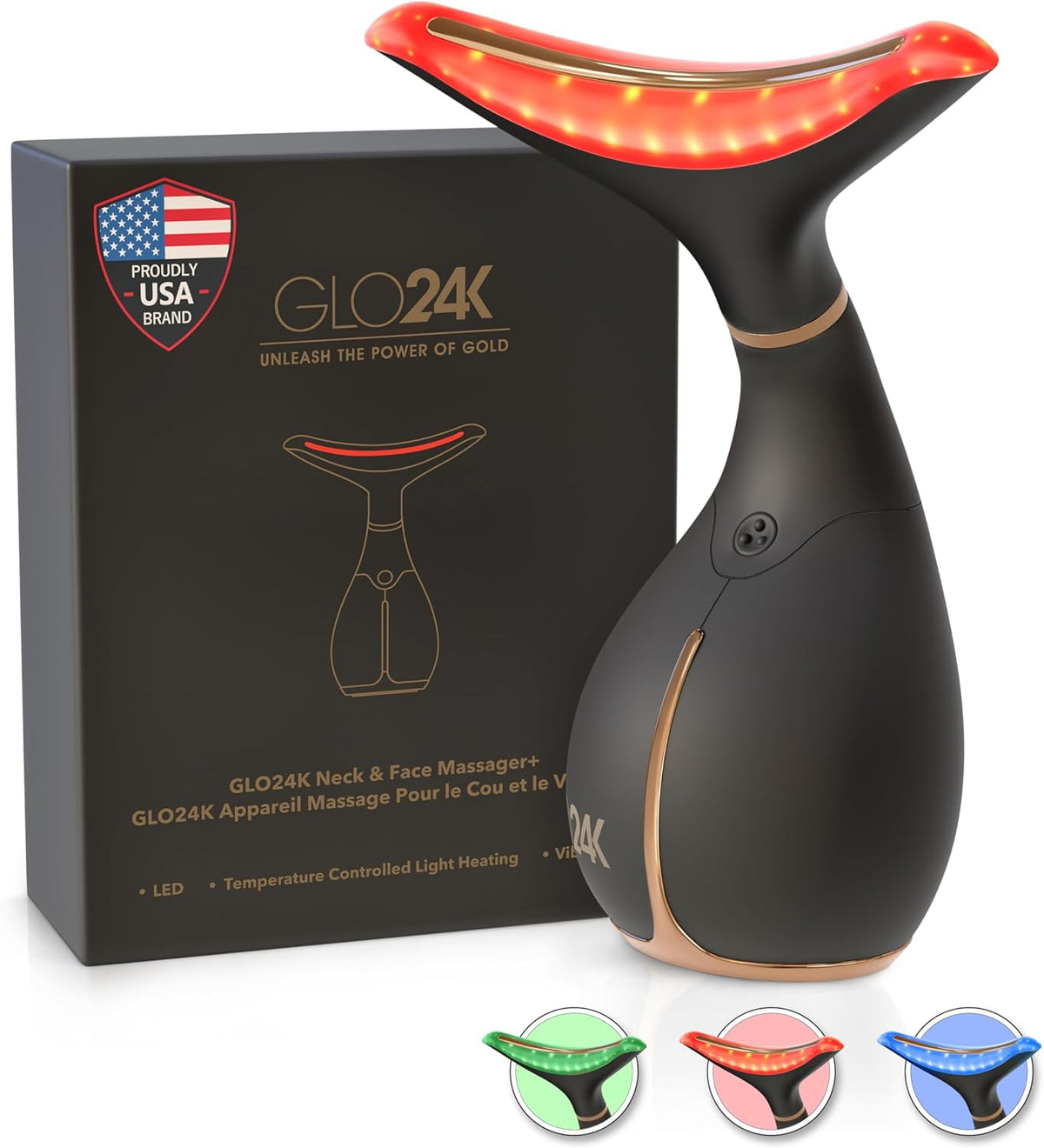 GLO24K Red Light for Face & Neck Beauty Device – Anti-Aging - 3 in 1 Facial Massager Tool and Neck